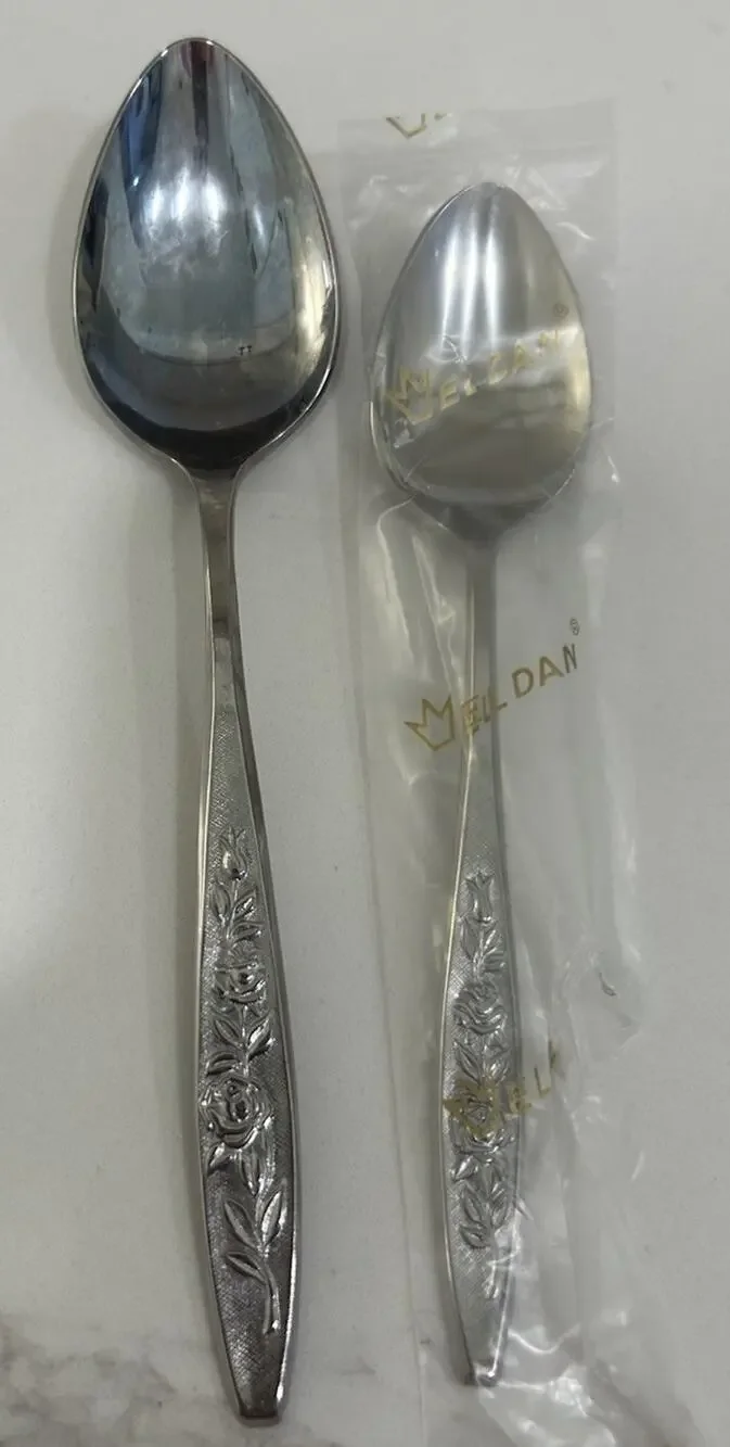 Eldan ELD18 Set Of 2 Spoons MAY ROSE Textured Roses Stainless Vintage MCM